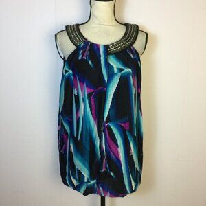 Alfani Blouson Top 3X Woman Plus Blue Pleated Sleeveless Halter Embellished Neck